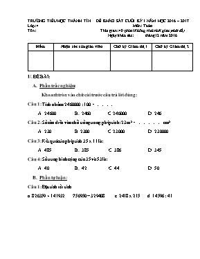Đề khảo sát cuối học kì I Toán lớp 4 - Năm học 2016-2017 - Trường Tiểu học Thành Tín
